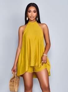 SOLERSUN Women's Spring & Summer Elegant Commuting Solid Color Halter Neck Backless Sleeveless Jumpsuit - Yellow - View 5
