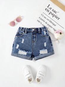 SHEIN Shorts vaqueros anchos y sueltos, versátiles y desgastados con dobladillo para niñas