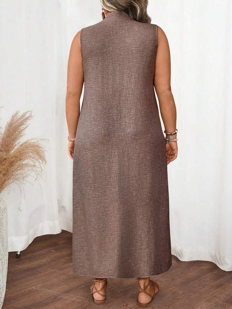 Linhara Plus Size Women's Casual Single-Breasted Double Pocket Holiday Vacation Dress - Brown - View 2