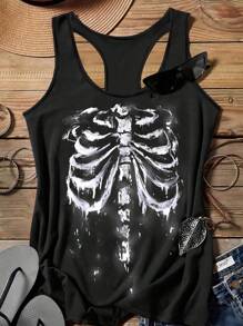 Attitoon Music Festival Skull Print Casual Minimal Camisole Tank Top For Plus Size, Summer Back To School