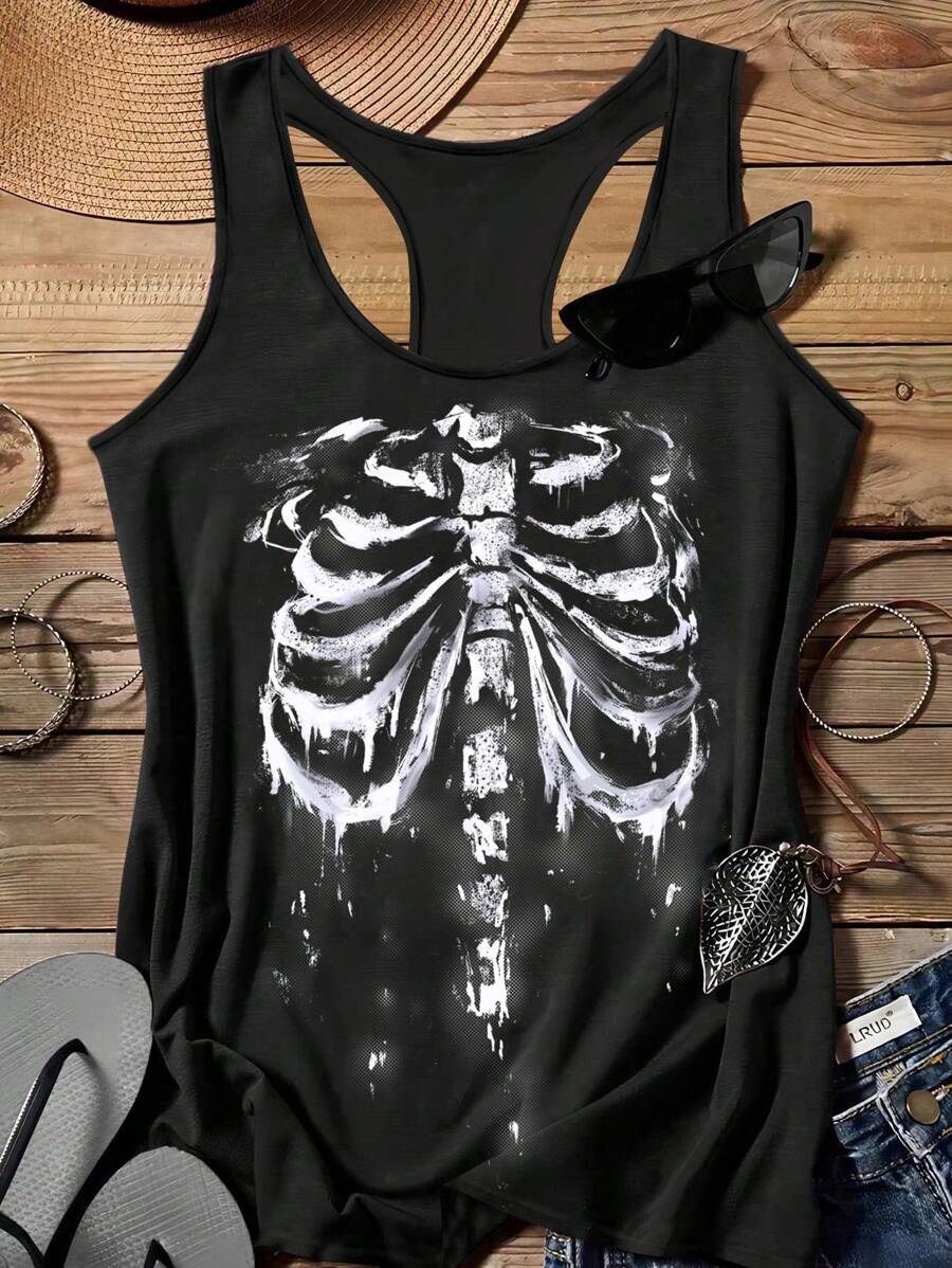 Attitoon Music Festival Skull Print Casual Minimal Camisole Tank Top For Plus Size, Summer Back To School