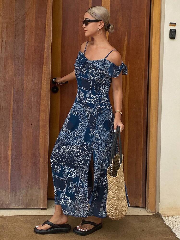 Women's Bohemian Style Butterfly & Cashew Floral Print Chiffon Off Shoulder Sleeveless Dress, Summer Casual Sexy Loose Long Dress,Ruffle Vacation Cruise Outfit For Women Boho