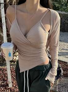 Strévra Set da 2 pezzi per donne, top senza maniche e giacca slim fit con balze e orlo asimmetrico, estivo