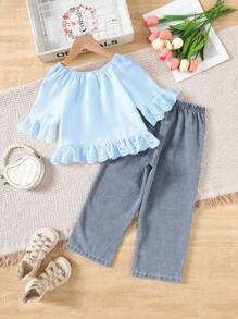 2pcs/Set Girls Ruffled Open Shoulder Blouse And Pearl Trim Denim Jeans, Suitable For Daily Wear, Summer - Blue - View 2