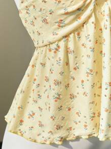 Elamini Yellow Ditsy Floral Hollow-Out V-Neck Cute & Sexy Backless Cropped Camisole, Spring/Summer