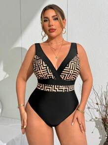 Swim Lushoire Plus Size All-In-One Style Geometryczny Wzór Resort Wakacje Jednoczęściowy Kostium Kąpielowy - Wielokolorowe - Zobacz 6