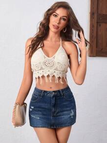SHEIN Essnce Women's Summer Casual Washed Ripped Denim Mini Skirt - Dark Wash - View 5