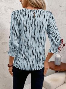SHEIN Clasi Women's Casual Baby Blue Woven Fabric Blouse With Shirred Details And Three-Quarter Sleeves - Baby Blue - View 2