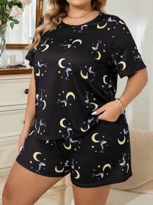 Miss Vinta Mond & Stern Muster Kurzarm Shorts Pyjama Set, leicht, geeignet für legere Lässig kleidung - Schwarz - Übersicht 4