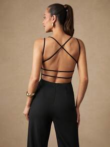 Silquee Premium Quality Elegant And Sexy Backless Cross Strap V-Neck Design Black Solid Color Jumpsuit, Suitable For Party Graduation - White - View 5