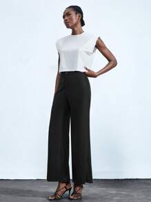 Lumivelle Women's 2 Pieces Casual Set, Basic White T-Shirt And Black Wide-Leg Pants - Black and White - View 5
