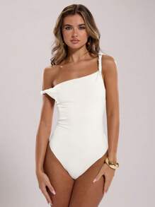 SHEIN BAE Body de mujer de ajuste ceñido con cuello asimétrico y twist, color negro sólido, para el verano / Body casual minimalista y de moda sin mangas