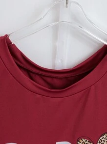 EMERY ROSE Plus Size Leisure & Holiday Letter & Leopard Print T-Shirt And Beach Shorts 2pcs Set - Burgundy - View 3