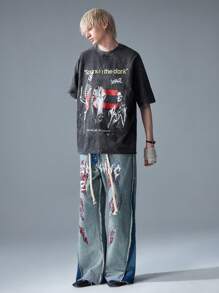 NEON BLANC Camiseta de manga corta con cuello redondo y estampado de letras, de corte holgado y color marrón, para hombre, de moda urbana