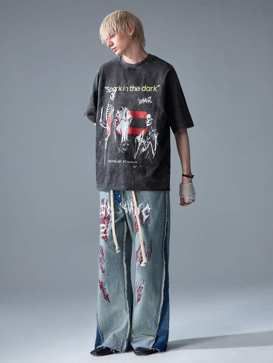 NEON BLANC Camiseta de manga corta con cuello redondo y estampado de letras, de corte holgado y color marrón, para hombre, de moda urbana