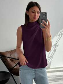 Aloruh Camisa tejida con línea H con plisado sin mangas blanca para mujer, ideal para ir y venir, primavera/verano - Rojo violeta - Ver 8