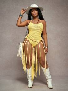 Slaydiva 大码紧身纯黄色长款度假针织流苏吊带连衣裙，春夏 - 黃色 - 查看 8