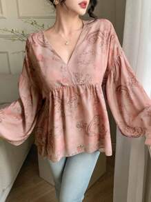 DAZY 宽松印花长袖圆领休闲度假女式衬衫，夏季荷叶边复活节 - 粉色 - 查看 4