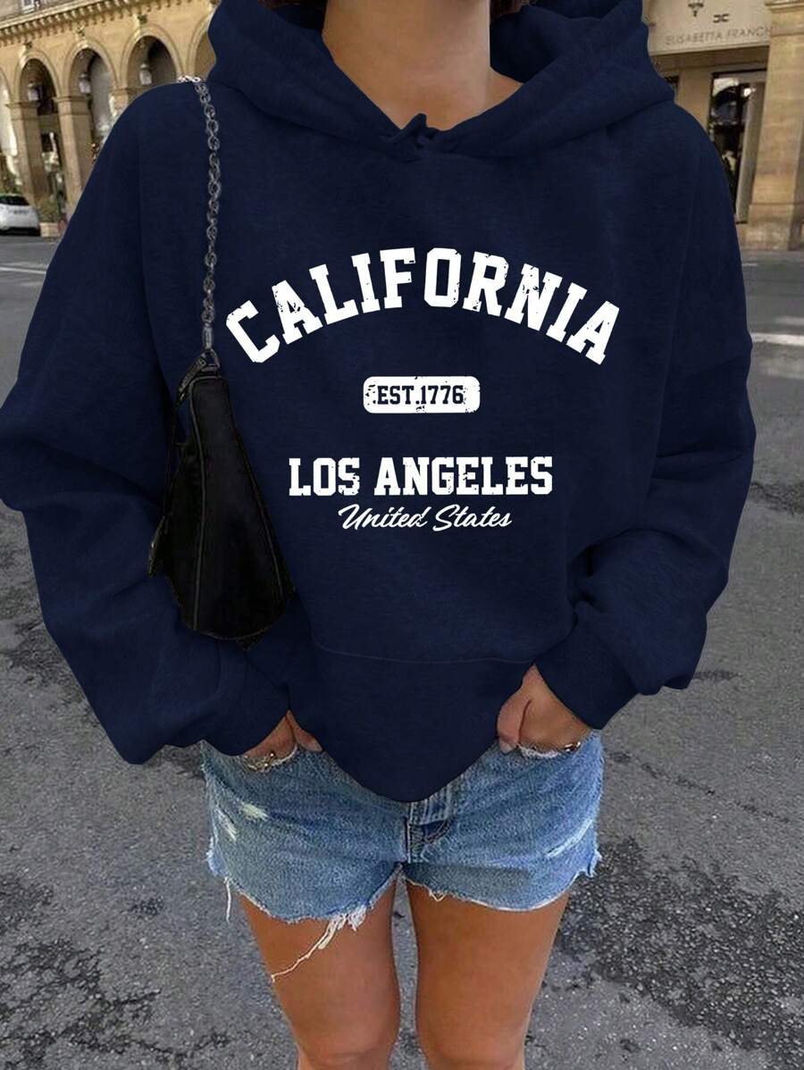INAWLY Áo hoodie trễ vai in chữ thường ngày cho nữ, tốt nghiệp, giáo viên, trở lại trường, thu - Màu xanh hải quân - Xem 1