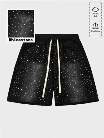 Street Life Men Fashion Glitter Rhinestone Horse Print Drawstring Waist Shorts