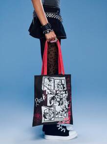 Winx Club X ROMWE Cartoon Printed Fashion Portable Tote Shoulder Bag For Women - Black - View 6