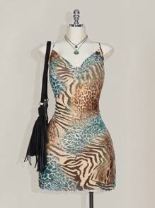 SHEIN ICON 加大码豹纹垂坠领吊带背心紧身 A 字中长连衣裙，波西米亚风格，适合夏季度假 - 彩色 - 查看 6