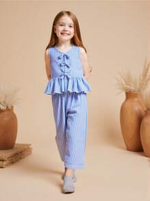 SHEIN Bộ 2 món/bộ áo sơ mi không tay và quần dài kẻ sọc trang trí nơ cho bé gái - Màu xanh lam - Xem 3