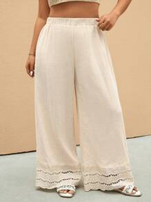 Elaquor Plus Size Vacation Casual Solid Color Hollow Embroidery Wide Leg Pants - Khaki - View 3