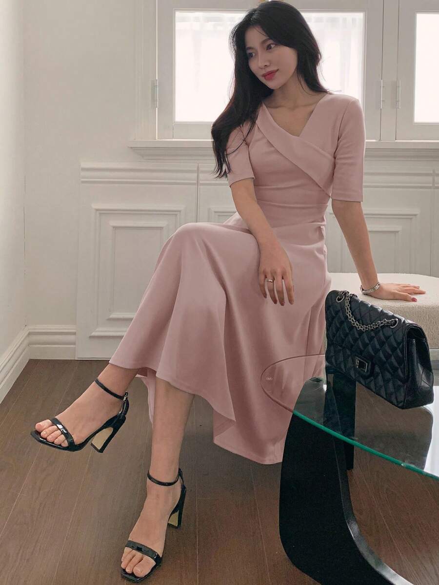 DAZY 女士 V 领短袖收腰中长款绿色连衣裙 - 粉色 - 查看 1