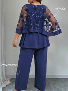 DreamSkyne Conjunto de 2 piezas de talla grande con cubierta bordada en 3D de malla + pantalones anchos de pierna ancha, elegante y casual