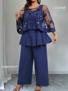 DreamSkyne Conjunto de 2 piezas de talla grande con cubierta bordada en 3D de malla + pantalones anchos de pierna ancha, elegante y casual