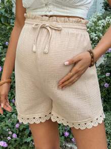 SHEIN Pregnant Women Solid Color Frill Trim Drawstring Waist Casual Shorts - Apricot - View 3