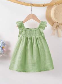 SHEIN Playful Pals Baby Girl Clothes Baby Girls Dresses Summer Casual Cute Pink Floral Puff Sleeve Ruffle Hem White Woven Dress Summer