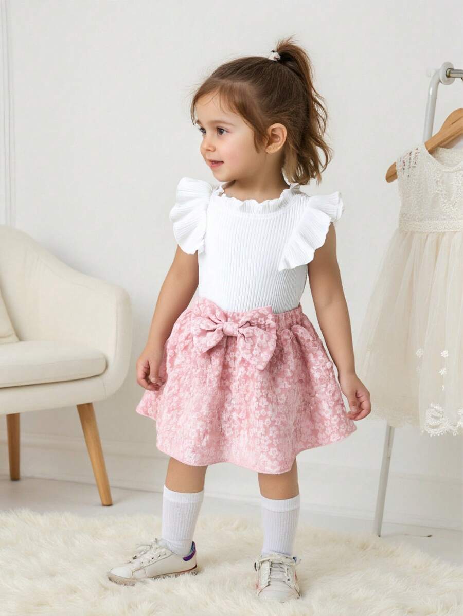 2pcs/Set Baby Girl Spring&Summer Casual Style, Sleeveless Top&Embroidery Skirt - Pink - View 1