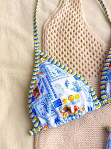 SHEIN Teen Girls 2pcs/Set Seaside Vacation Blue And White Summer Random Color Print Spaghetti Strap Top & High Cut Bikini Bottom Set,Summer Beach, Suitable For Summer