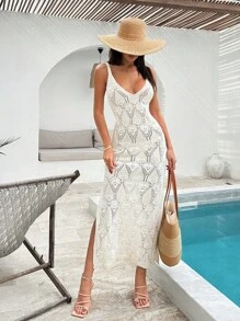 SHEIN Elegante vestido de ganchillo y tejido de punto blanco tipo maxi con un delicado patrón de encaje y tirantes tipo espagueti