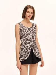 Chiquease French Retro Minimalist Waist-Cinched Slim Fit Black & White Floral Pattern Sleeveless Women Shirt