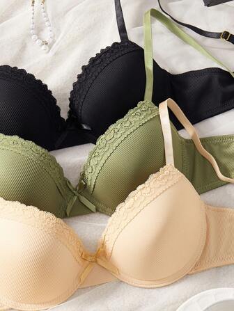 3 件套女士休闲简约无钢圈文胸套装，加垫罩杯内衣