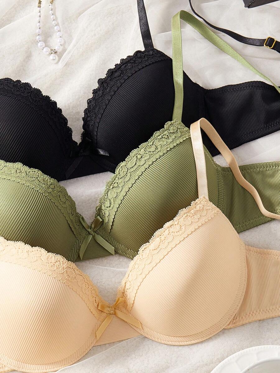 3 件套女士休闲简约无钢圈文胸套装，加垫罩杯内衣 - 彩色 - 查看 1