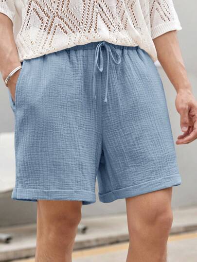 Manfinity RelaxMax Solid Color Drawstring Waist Wide Leg Casual Shorts, Summer Shorts For Men Summer