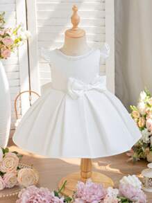 SHEIN Glamorique Kids 女童春夏圆领串珠装饰 V 形背部设计可拆卸大蝴蝶结缎面派对连衣裙 - 白色 - 查看 2
