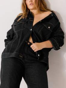 Aralina Plus Size Casual Washed Vintage Loose Fit Jeans - Black - View 3