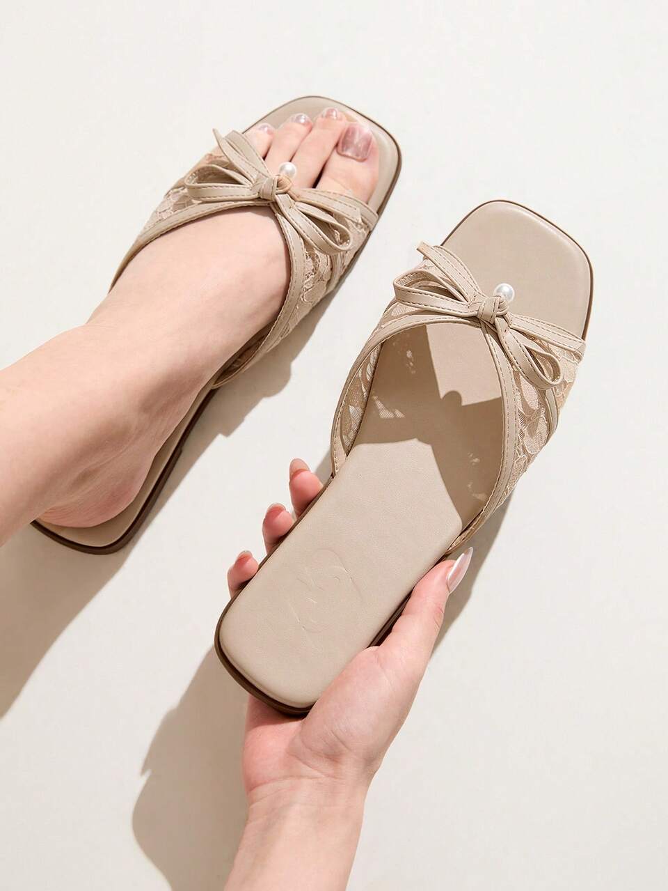 CUCCOO CHICEST Women's Dot Mesh Bow Knot Pearl Decor Square Toe Flat Sandals, Elegant Romantic Summer Leisure Beach Travel Slip-On, Apricot Elegant Shoes Wedding Shoes Summer Shoes Bride Shoes
