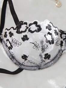 SHEIN Set de 2 piezas de lencería sexy con bordado floral y encaje para mujeres - Blanco y Negro - Ver 4