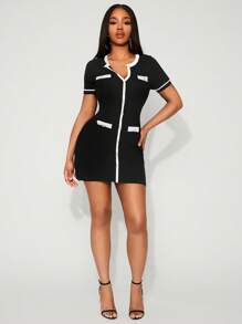 SHEIN SXY Váy len bó màu đen phong cách Pháp gợi cảm & thanh lịch mới dành cho nữ, mùa hè - Đen và trắng - Xem 6