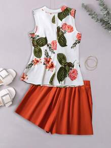 Breezaya Plus Size Women's Elegant V-Neck Floral Print Sleeveless Casual Top And Orange Shorts 2 Pieces Set, Spring/Summer Vacation Resort Clothing, Beach Summer Women's Wear - Orange - View 2