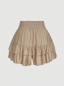 SHEIN LUNE Plus Size Holidaya Paperbag Waist Ruffle Hem Wide Leg Shorts - Apricot - View 2