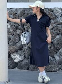 Dazy Kids Tween Girl Collared Short Sleeve Knit Casual Dress, Summer - Navy Blue - View 2