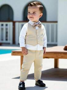 SHEIN 2 件套幼儿男童宽松背心、绅士风裤子套装，适合温馨的家庭聚会、欢乐的男婴派对和休闲散步 - 杏色 - 查看 1