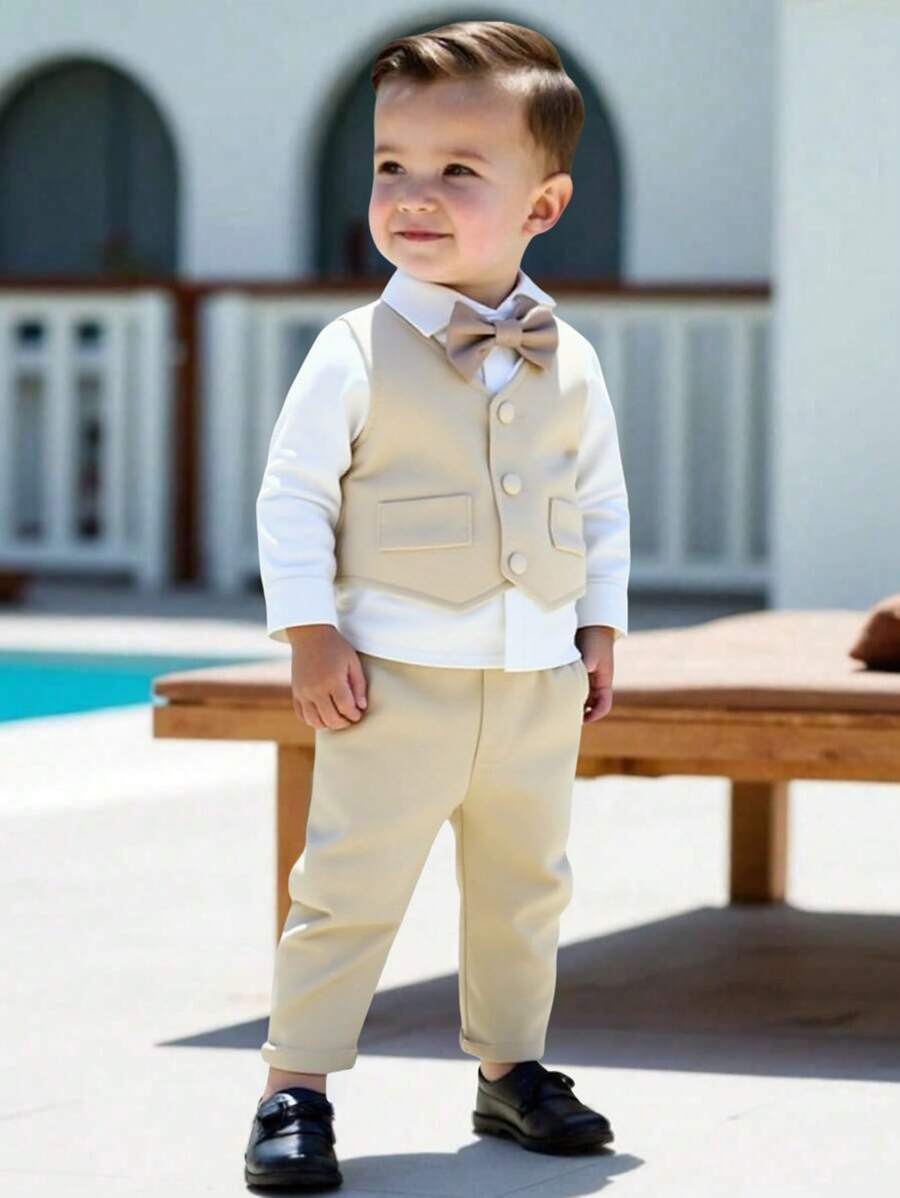 SHEIN 2 件套幼儿男童宽松背心、绅士风裤子套装，适合温馨的家庭聚会、欢乐的男婴派对和休闲散步 - 杏色 - 查看 1